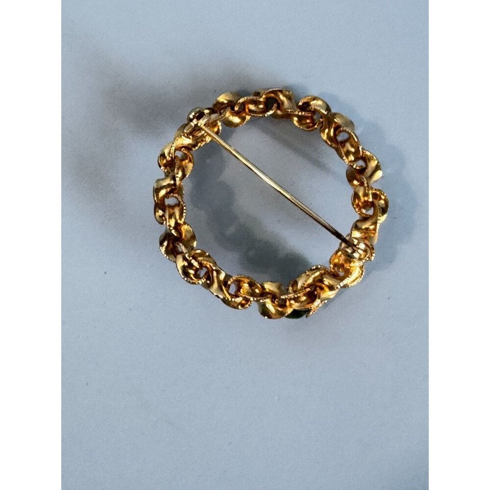 Vintage Karu Arke Inc. Genuine Jade & Cultured Pearl Gold-Tone Circle Brooch - Picture 5 of 6